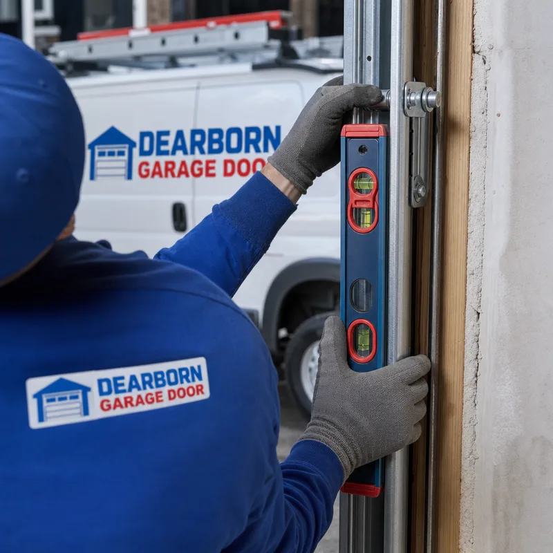 Garage door track and jamb brackets being checked for alignment with a level