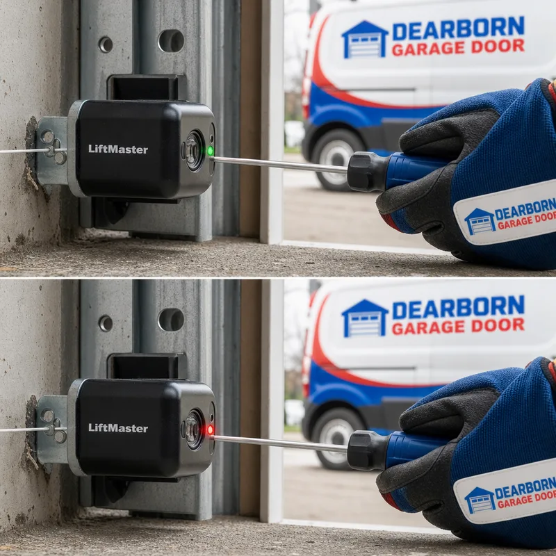Garage door photo-eye safety sensors being checked for clean lenses and alignment