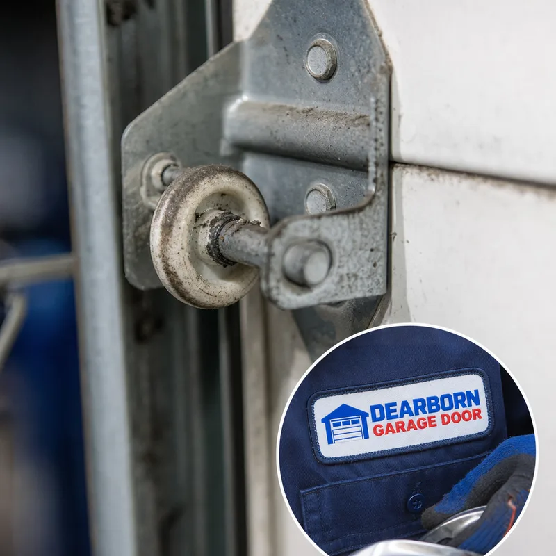 Close-up of worn nylon garage door rollers and hinge attachment points on a sectional door