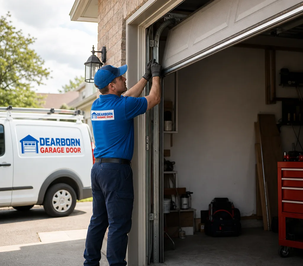Residential overhead garage door partially open while a contractor inspects its track and rollers
