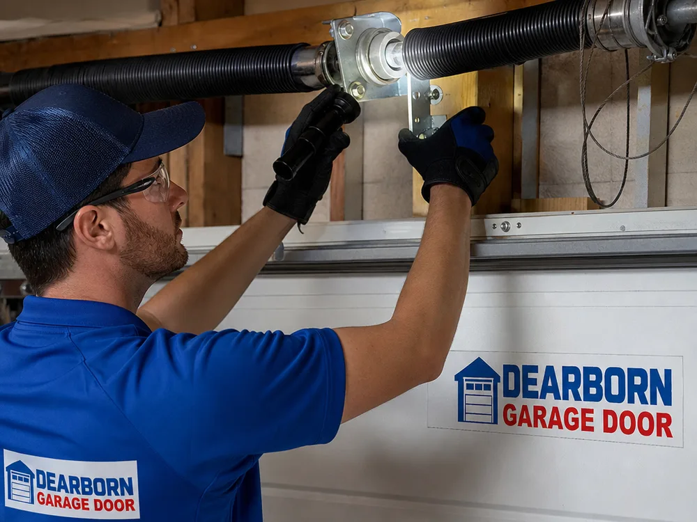 Contractor checking a garage door torsion spring, center bearing, and cable drums with a flashlight