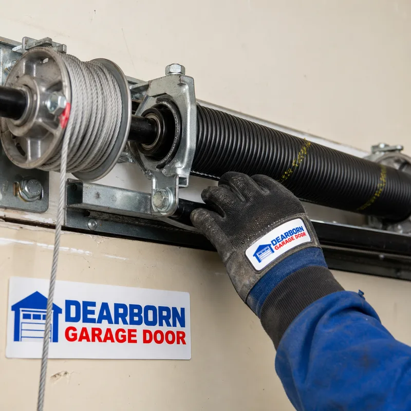 Torsion spring system with center bearing, cable drums, and neatly wrapped lift cables