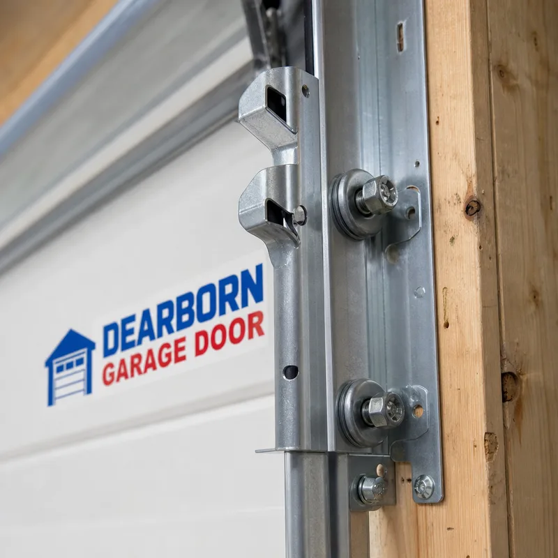 Properly mounted vertical garage door track brackets and rollers secured to framing