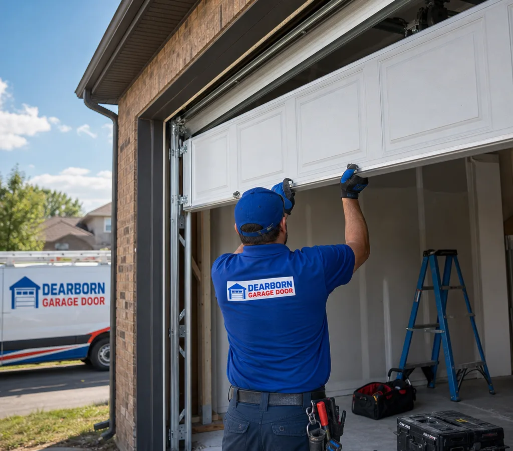 Contractor positioning a new sectional overhead garage door on residential tracks with tools staged near the framed opening