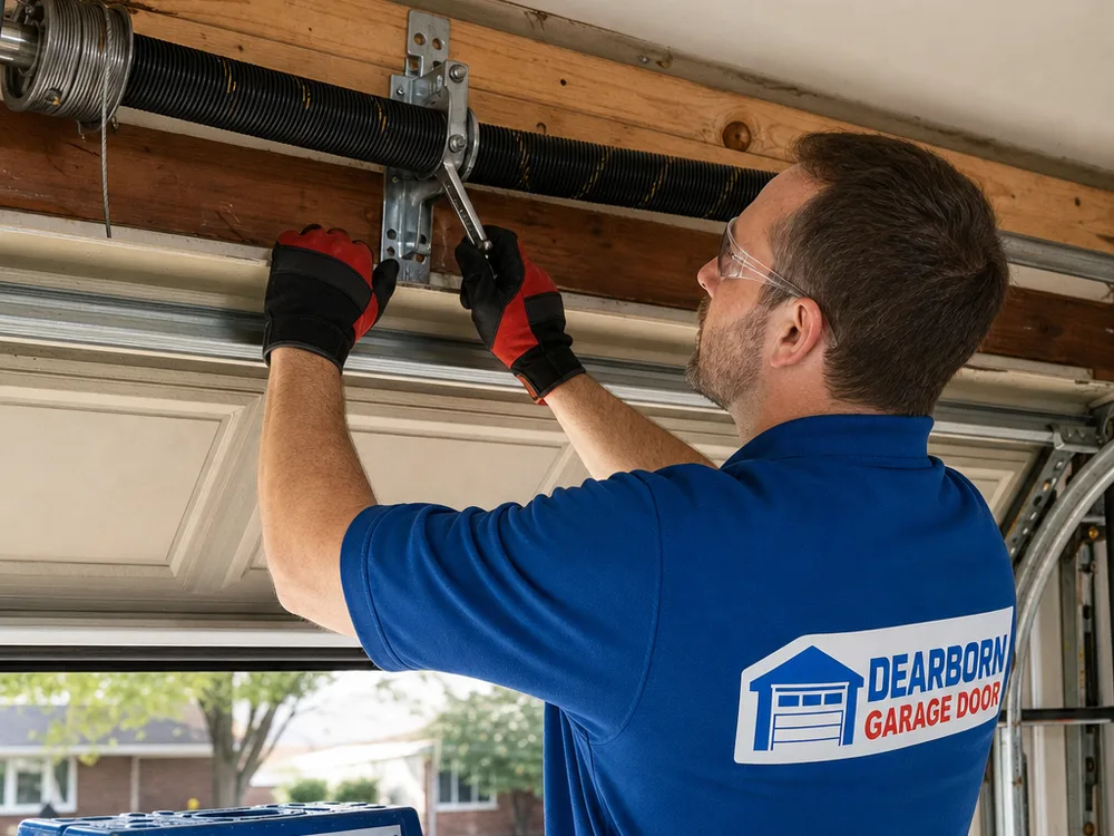 Contractor adjusting torsion spring hardware and the center bearing plate above a residential garage door