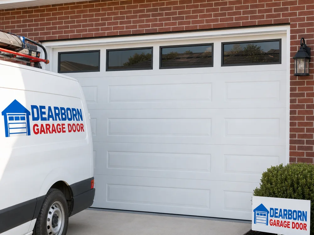 Newly installed insulated steel sectional garage door centered in its opening with clean perimeter trim
