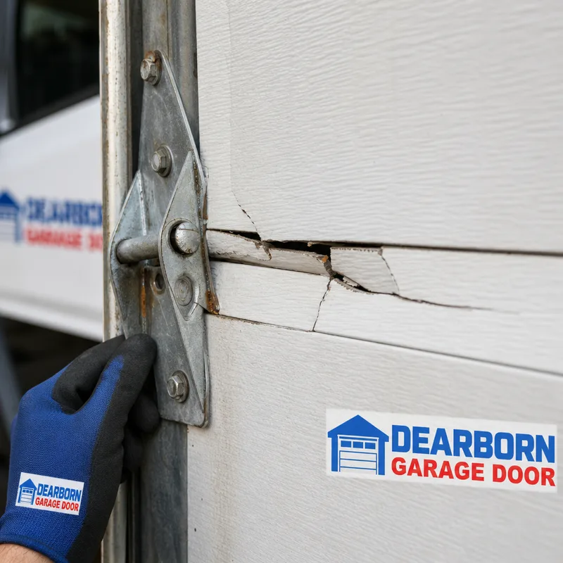 Cracked steel garage door panel around a hinge area