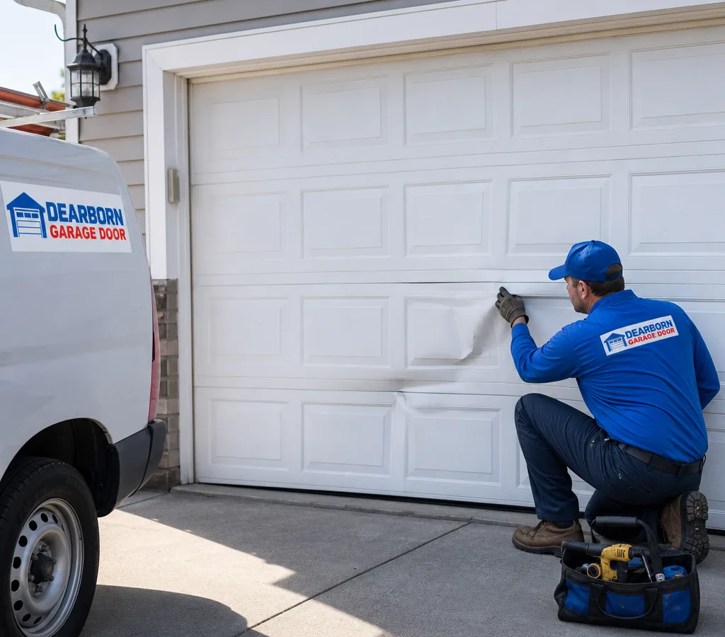 Residential sectional garage door with visible damage to one panel