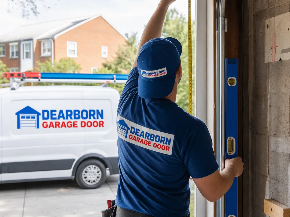 Contractor measuring a residential garage door opening and checking track alignment