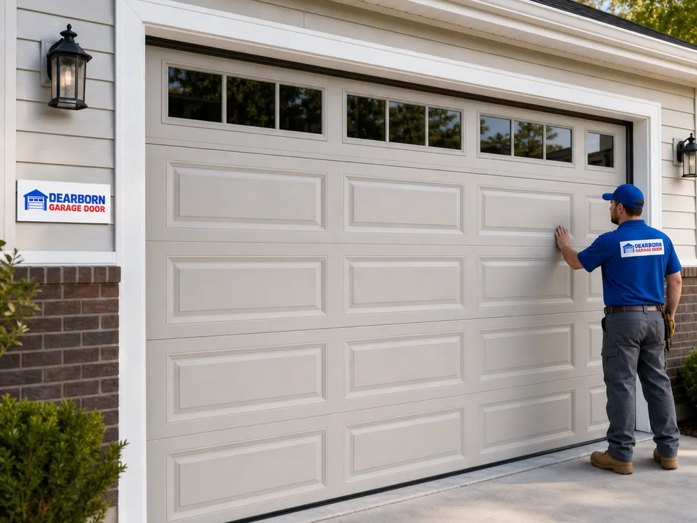 Newly installed residential sectional garage door with aligned tracks and clean weatherstripping