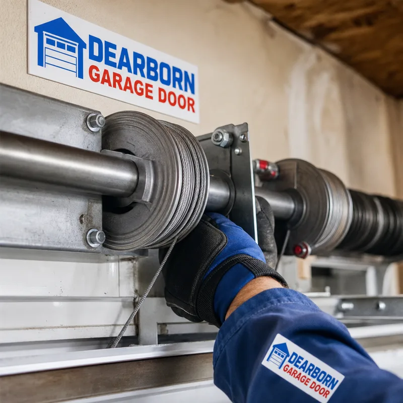 Garage door lift cables wrapped around drums on a torsion shaft