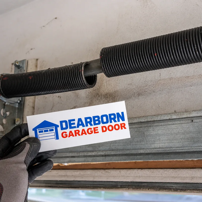 Broken torsion spring with a visible separation in the coil above a garage door