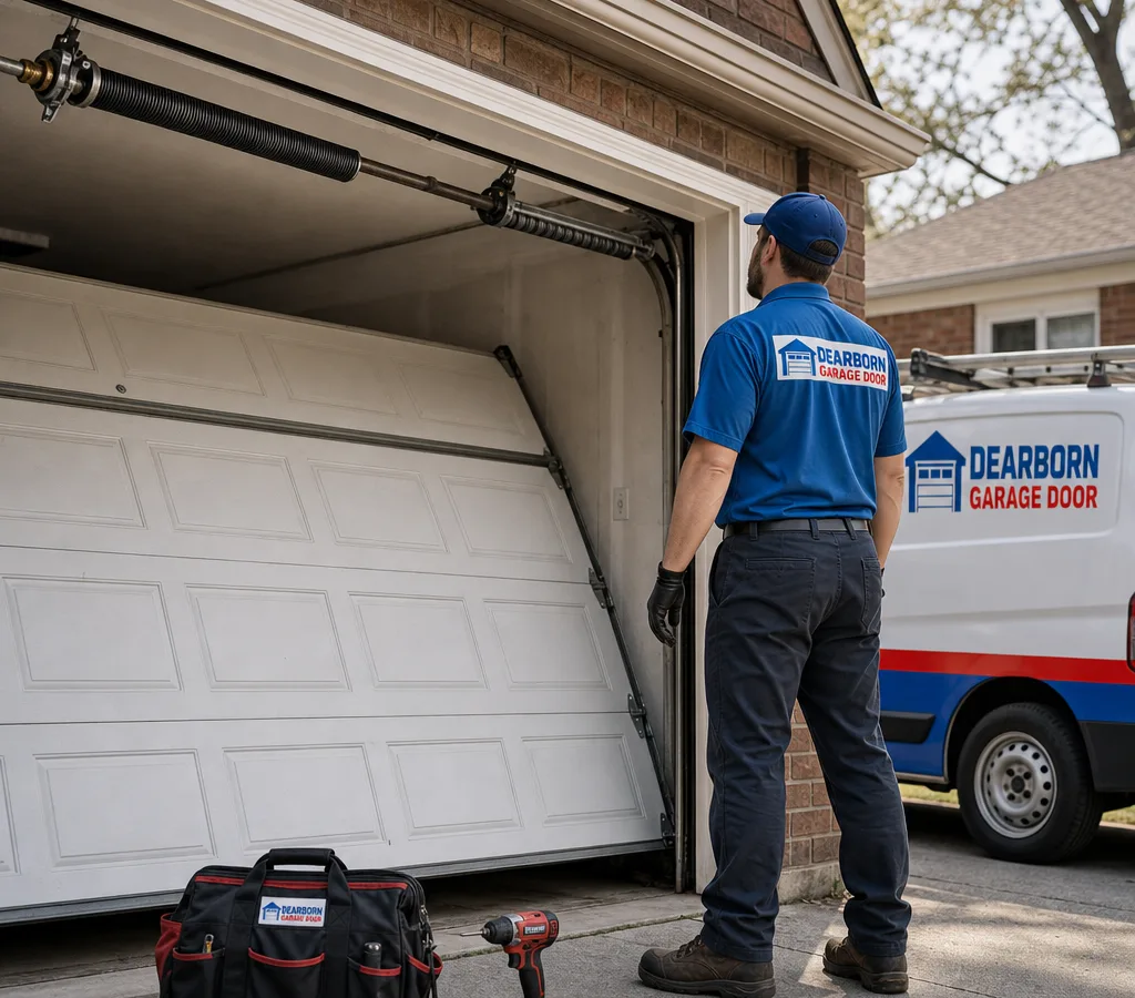 Residential garage door partially open with a visible torsion spring above the door
