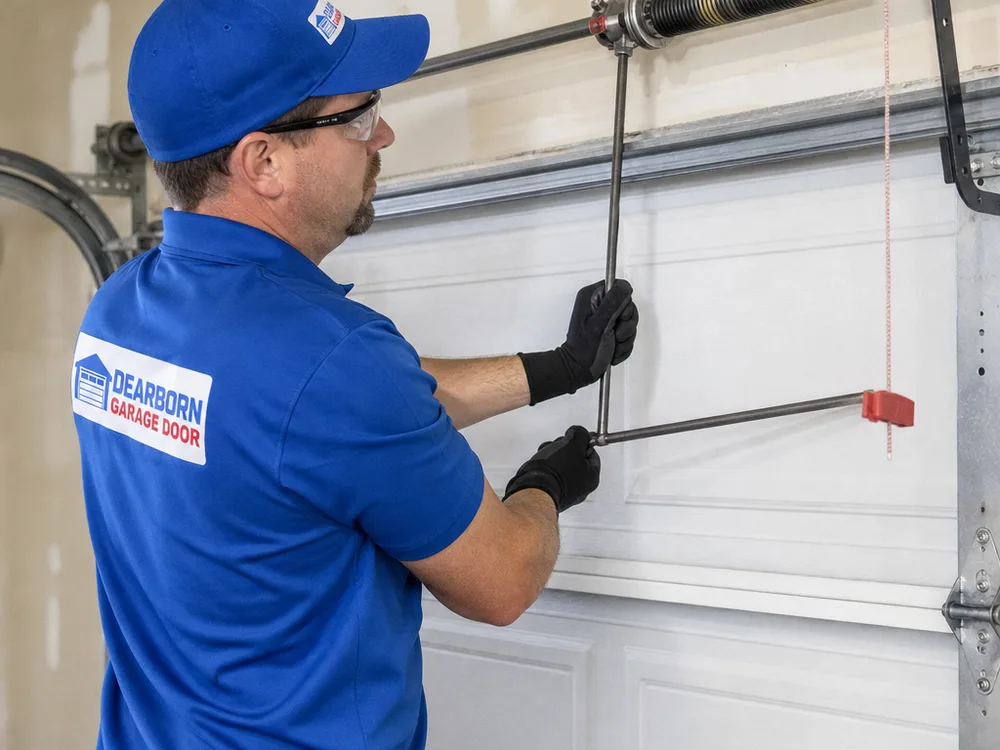 Contractor using winding bars to control tension on a garage door torsion spring