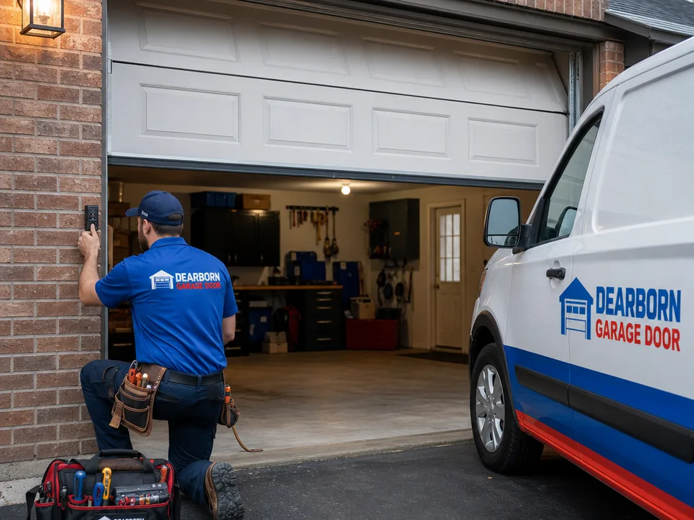 Level garage door half-open with aligned tracks and no cable slack after spring work