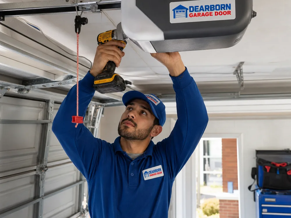 Contractor mounting a smart garage door opener and routing safety sensor wiring in a Dearborn garage