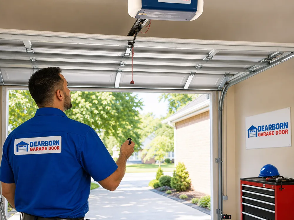 Finished smart garage door opener installation with centered rail and positioned safety sensors