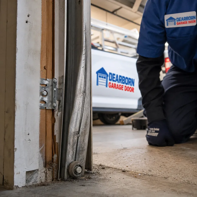 Bent vertical garage door track near the floor with scuff marks and a roller rubbing the track edge