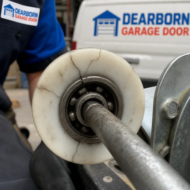 Close-up of a cracked nylon garage door roller wheel and worn bearing