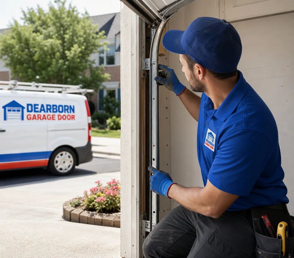 Residential garage door partly open while a contractor inspects the rollers and vertical track at the jamb