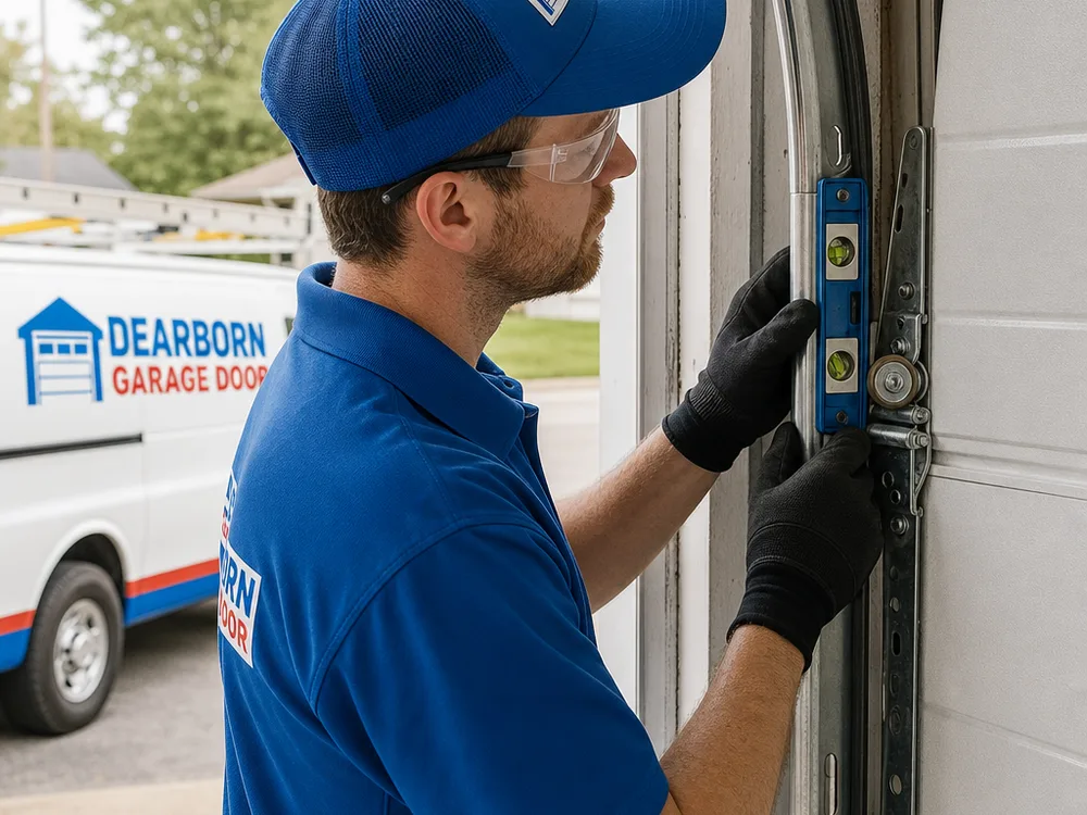 Close view of a garage door roller in its track while track spacing and bracket alignment are checked with a level