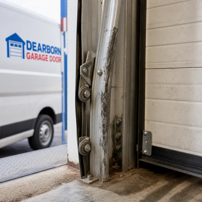 Bent vertical track and misaligned rollers on a loading dock door
