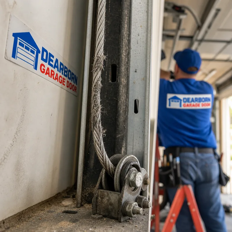 Frayed lift cable near the bottom bracket on a commercial sectional door