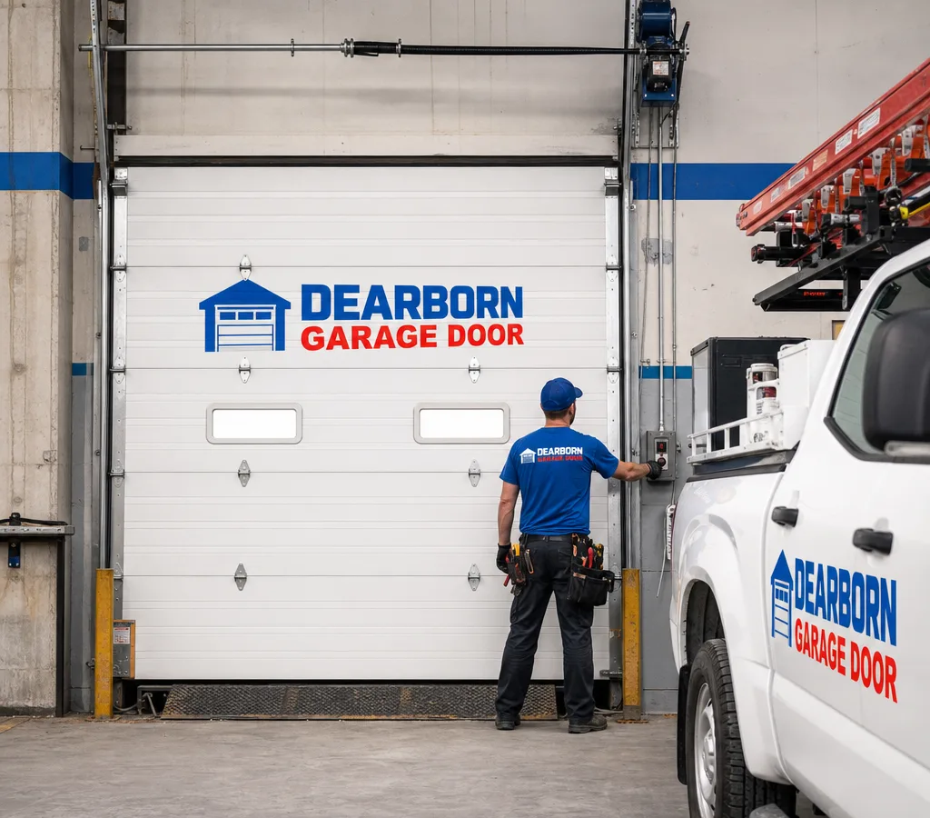 Commercial overhead door at a clean warehouse loading dock with visible tracks and operators