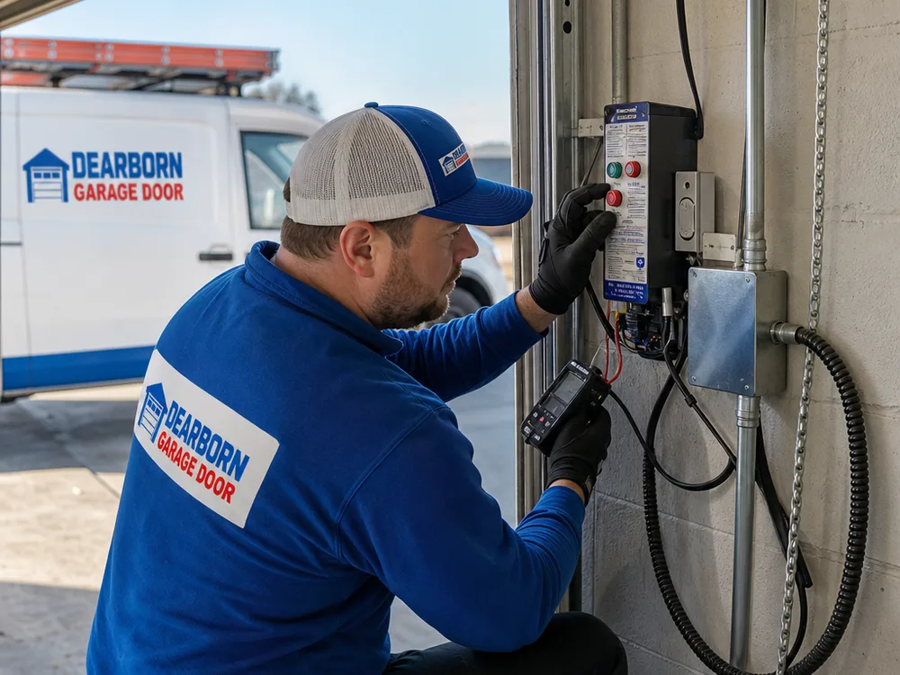 Contractor testing photo eyes and the safety edge on a commercial overhead door operator