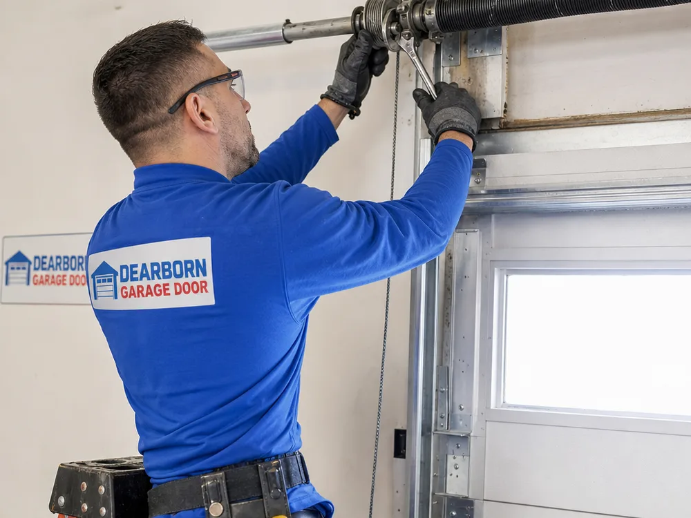 Contractor inspecting the torsion spring and cable drums above a commercial sectional overhead door