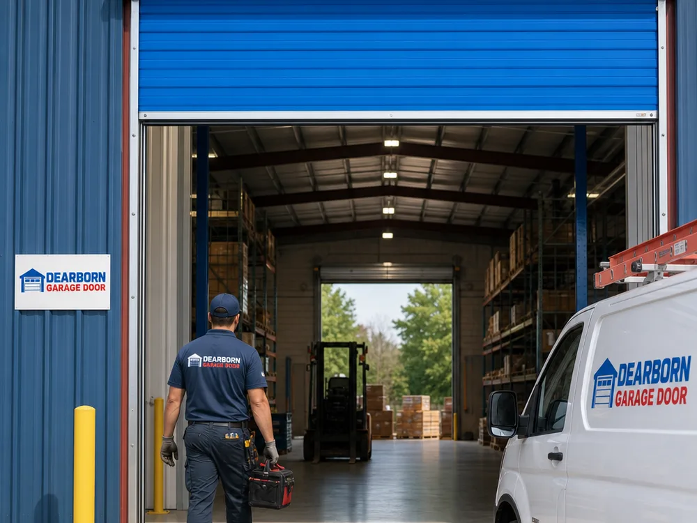 Commercial roll up door fully open at a warehouse opening with guides visible