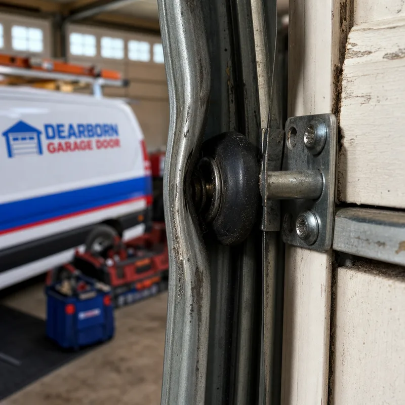 Garage door roller jammed in a bent vertical track with visible rub marks