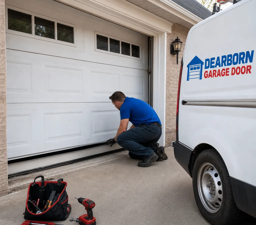 Residential garage door stuck at the ground while a contractor inspects the bottom section and track