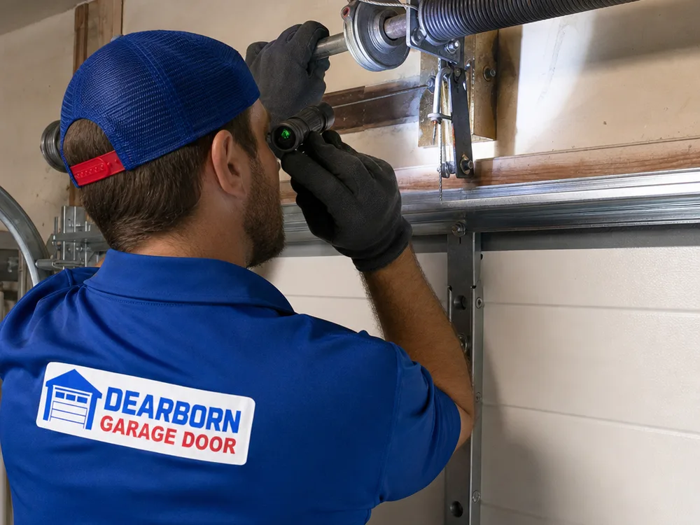 Torsion spring and center bearing being inspected with a flashlight above a garage door