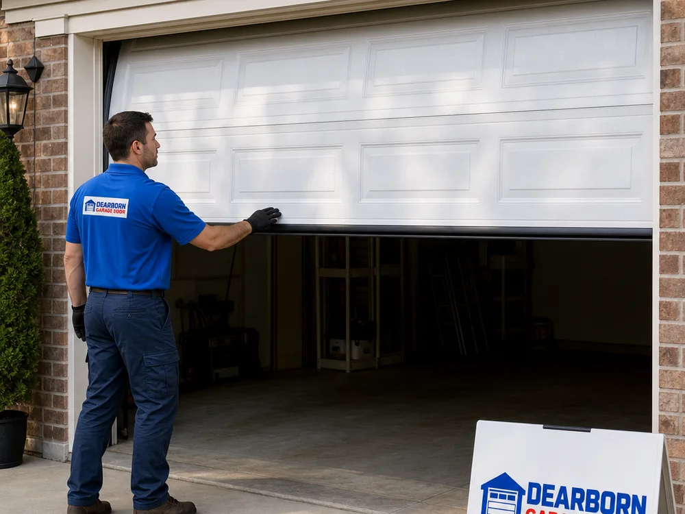 Residential sectional garage door halfway open with even spacing and level alignment