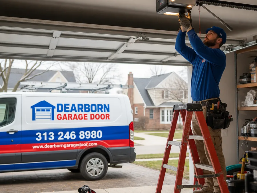 Independent contractor checking opener tension and safety sensor alignment in a residential garage